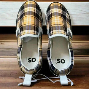 SO NEW Big Girl's Size 5 ((Women's 7) black and gold plaid slip-on sneakers
